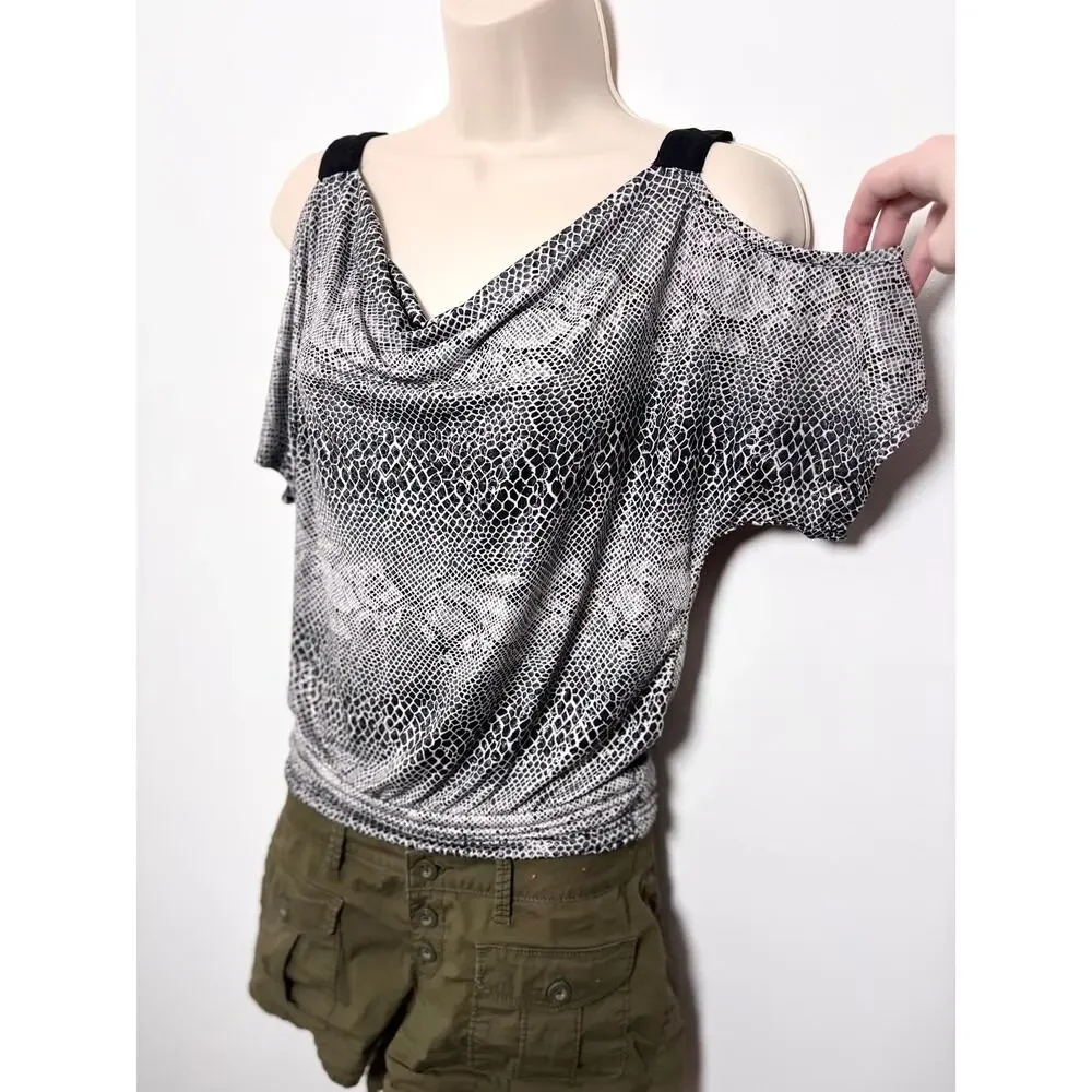 Vtg Y2K Byer California Snakeskin Print Cold Shoulder Top - Picture 2 of 5